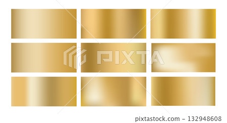 Gold brass gradients set, vector golden background. Metal gradation, horizontal illustration. Shiny chrome texture, steel surface, polished sheet 132948608