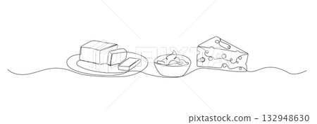 Dairy products continuous line illustration. Butter doodle sketch. Hand drawn vector one line icon 132948630