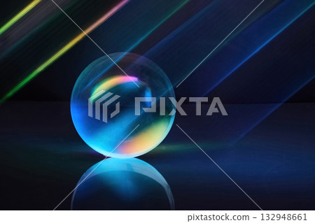 Luminous Sphere. A glowing sphere with colorful light beams on a dark backdrop, Luminous Sphere. A glowing sphere with colorful light beams on a dark backdrop, 132948661