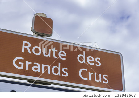 Route des Grands Crus road sign indicating wine tourism 132948668