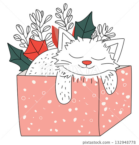 Cute cat sleeping in a gift box. Hand drawn vector illustration. Cute cat sleeping in a gift box. Hand drawn vector illustration. 132948778
