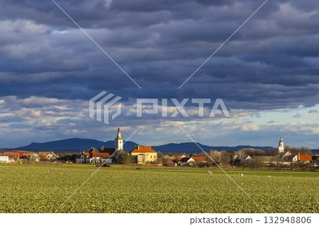 Olbramovice village landscape with dramatic storm clouds 132948806