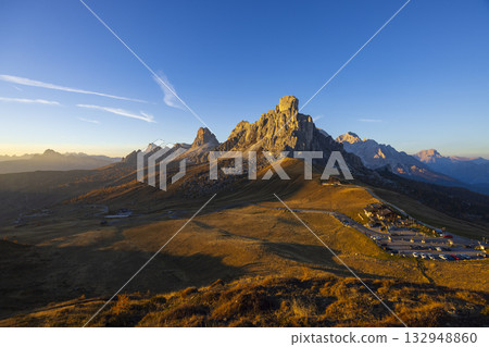 Passo Giau mountain landscape with golden hour light in Dolomites Passo Giau mountain landscape with golden hour light in Dolomites 132948860