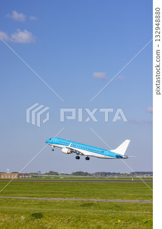 Passenger airplane taking off from K L M runway Passenger airplane taking off from K L M runway 132948880
