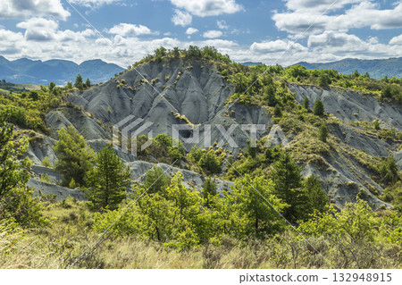 Badlands terrain with green trees in Auvergne Rhone Alpes, France Badlands terrain with green trees in Auvergne Rhone Alpes, France 132948915