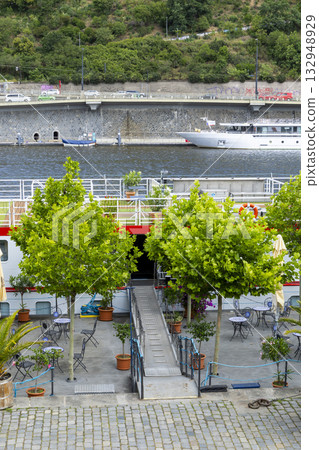 Cruise boat terrace cafe with Vltava river in Prague 132948929