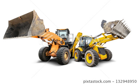 Two powerful construction machines, a loader and a versatile excavator, stand side by side, embodying the essence of engineering and hard work in a brightly lit and clean space. Two powerful construction machines, a loader and a versatile excavator, stand side by side, embodying the essence of engineering and hard work in a brightly lit and clean space. 132948950