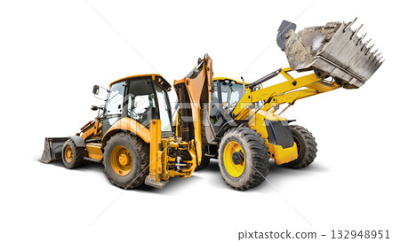 Two general purpose backhoe loaders stand next to each other, ready to work, on a clean isolated background, perfect for creative design projects and marketing materials. Two general purpose backhoe loaders stand next to each other, ready to work, on a clean isolated background, perfect for creative design projects and marketing materials. 132948951