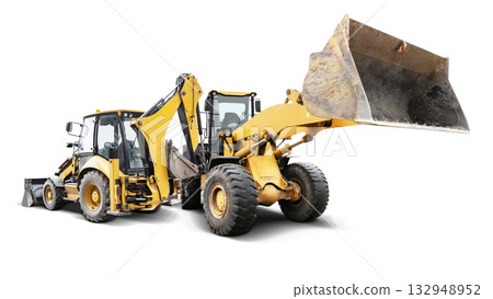Two pieces of heavy construction machinery stand side by side against a clear backdrop, showcasing their robust designs and powerful features for design use Two pieces of heavy construction machinery stand side by side against a clear backdrop, showcasing their robust designs and powerful features for design use 132948952