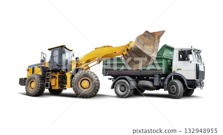 A construction loader lifts debris into a dump truck, emphasizing collaboration in waste management. The isolated background enhances the focus on the machinery A construction loader lifts debris into a dump truck, emphasizing collaboration in waste management. The isolated background enhances the focus on the machinery 132948955