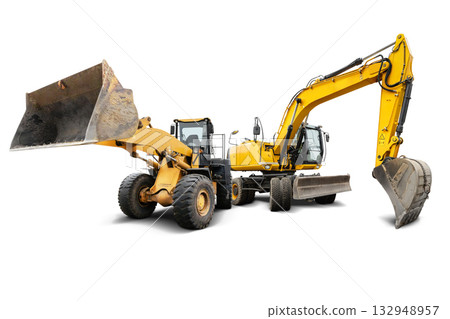 An excavator and a powerful wheel loader stand side by side, showcasing their powerful features against a clean, isolated background, perfect for design work and creative projects. An excavator and a powerful wheel loader stand side by side, showcasing their powerful features against a clean, isolated background, perfect for design work and creative projects. 132948957