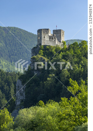 Medieval Strecno Castle standing on a steep cliff in Slovakia 132948974
