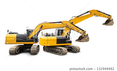 Two large yellow excavators stand side by side on a clean white background, showcasing their powerful design and capability in construction and earth-moving tasks Two large yellow excavators stand side by side on a clean white background, showcasing their powerful design and capability in construction and earth-moving tasks 132948982