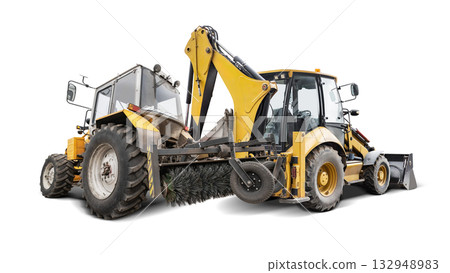 Two pieces of heavy machinery are positioned back-to-back, showcasing a backhoe loader and a street sweeper against a blank backdrop, ideal for design use 132948983