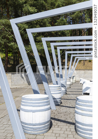 Perspective view of an outdoor modern seating area 132949037