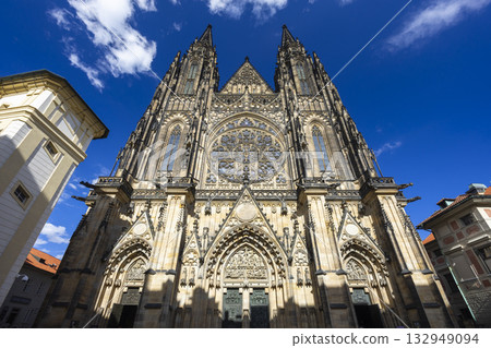 Front view of Saint Vitus Cathedral, Prague Castle, Czechia Front view of Saint Vitus Cathedral, Prague Castle, Czechia 132949094