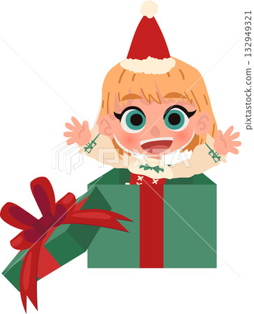 happy child surprise in christmas present box wearing santa hat. adorable cartoon for holiday greeting and winter celebration 132949321