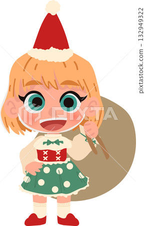 cute christmas girl cartoon in santa outfit holding bag of presents holiday for christmas greeting. 132949322