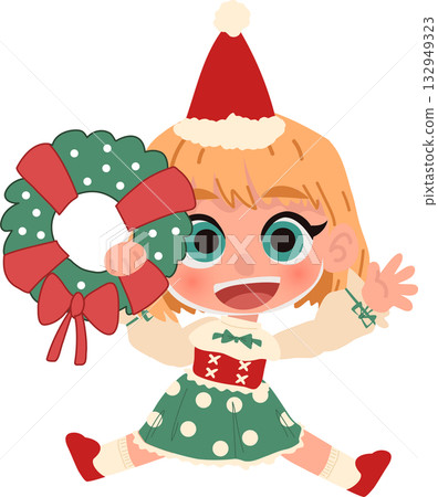 cute girl in christmas outfit jumping with wreath joyful expression. for holiday greeting posters or new year designs 132949323