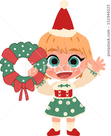 happy little girl in christmas costume with green wreath cute holiday for seasonal greeting and decoration designs happy little girl in christmas costume with green wreath cute holiday for seasonal greeting and decoration designs 132949325