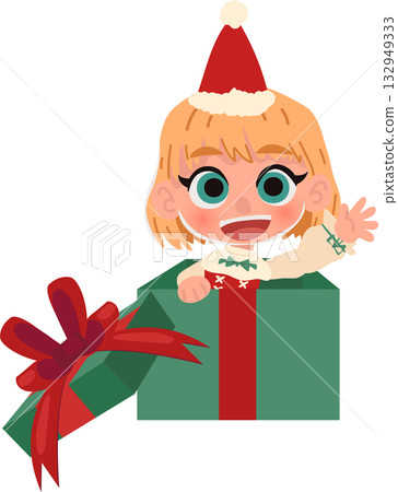 happy child wearing santa hat coming out of christmas gift box. cute holiday for new year celebration 132949333