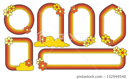 Retro groovy frames with rainbow striped pattern on white background. Funky vector psychedelic borders decorated with flowers. Cute psychedelic geometric design for posters. 132949548