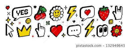 Pixel 3d isometric icon and sticker set. 8 bit retro game style. Y2k trendy vector illustration of heart cursor hand flower speech bubble character sparkle star etc. Social media and chat elements. Pixel 3d isometric icon and sticker set. 8 bit retro game style. Y2k trendy vector illustration of heart cursor hand flower speech bubble character sparkle star etc. Social media and chat elements. 132949643