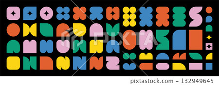 Abstract geometric shapes and icons. Brutal modern contemporary figure arch cloud vawe star oval spiral flower circle and other primitive elements. Swiss design aesthetic. Bauhaus memphis design. 132949645