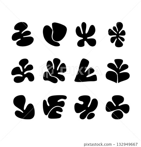 Creative black silhouettes of abstract floral and organic shapes on a white background for artistic design purposes Creative black silhouettes of abstract floral and organic shapes on a white background for artistic design purposes 132949667