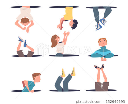 People Character Jumping Through Portal Enter Hole Vector Set 132949693