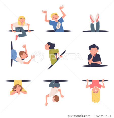 People Character Jumping Through Portal Enter Hole Vector Set 132949694