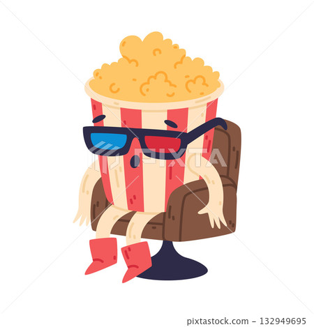 Funny Popcorn Character in Chair Watch Movie in 3D Glasses Vector Illustration 132949695