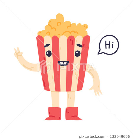 Funny Popcorn Character with Smiling Face Say Hi Greeting Vector Illustration 132949696