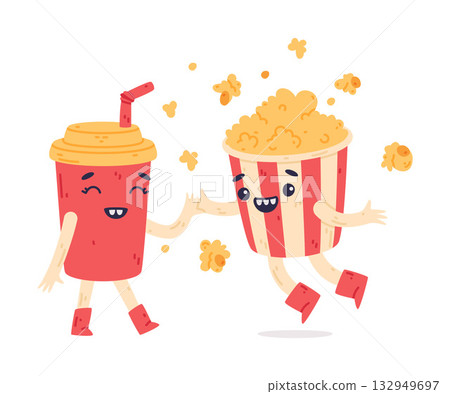 Funny Popcorn and Soda Drink Cup Character with Smiling Face Vector Illustration 132949697