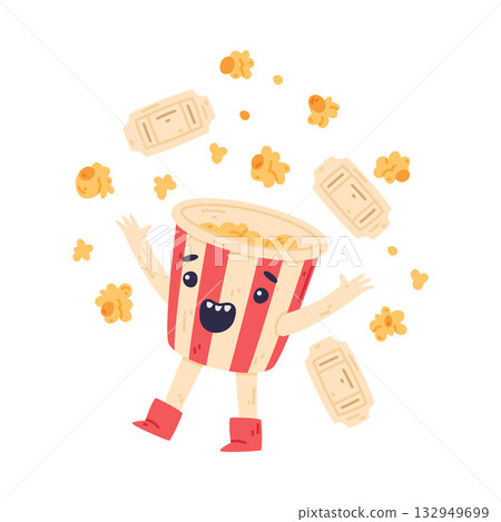 Funny Popcorn Character with Smiling Face and Cinema Ticket Vector Illustration 132949699