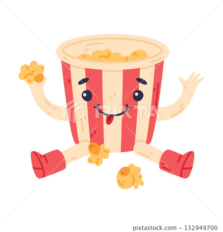 Funny Popcorn Character with Smiling Face in Sitting Pose Vector Illustration 132949700