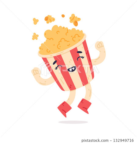 Funny Popcorn Character with Smiling Face Jumping Vector Illustration 132949716