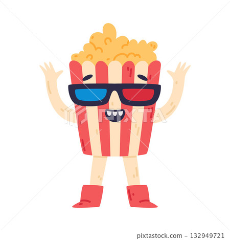 Funny Popcorn Character with Smiling Face Wear 3D Glasses Vector Illustration Funny Popcorn Character with Smiling Face Wear 3D Glasses Vector Illustration 132949721