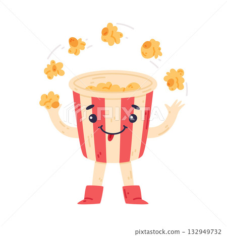 Funny Popcorn Character with Smiling Face Juggling Vector Illustration 132949732