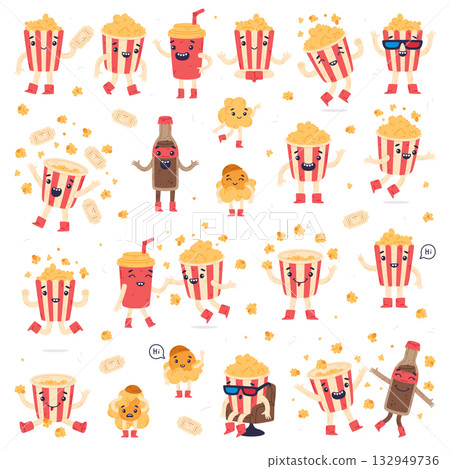 Funny Popcorn Character Enjoy Different Activity Vector Set 132949736