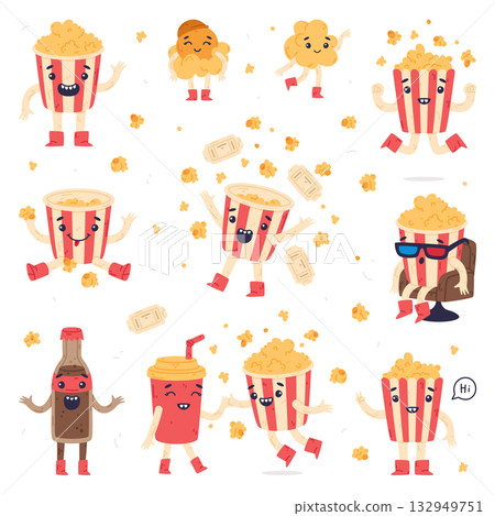 Funny Popcorn Character Enjoy Different Activity Vector Set Funny Popcorn Character Enjoy Different Activity Vector Set 132949751