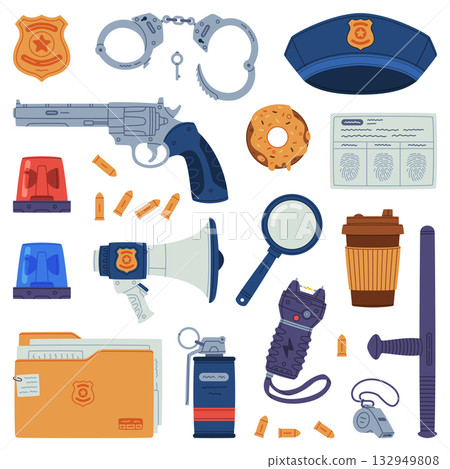 Police Equipment and Professional Policeman Object Vector Set 132949808