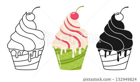Fruit Ice cream symbol cartoon set cream scoop of melting illustration linear doodle icon sign 132949824