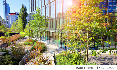 Modern luxury office building.The structure features a glass and concrete walls, showcasing contemporary architecture. The green surroundings of office buildings. Trees and shrubs in the city. Modern luxury office building.The structure features a glass and concrete walls, showcasing contemporary architecture. The green surroundings of office buildings. Trees and shrubs in the city. 132949890