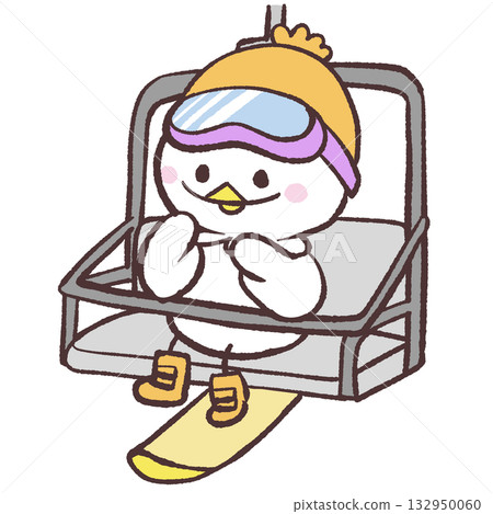 Illustration of a white bird on a snowboard riding a lift Illustration of a white bird on a snowboard riding a lift 132950060