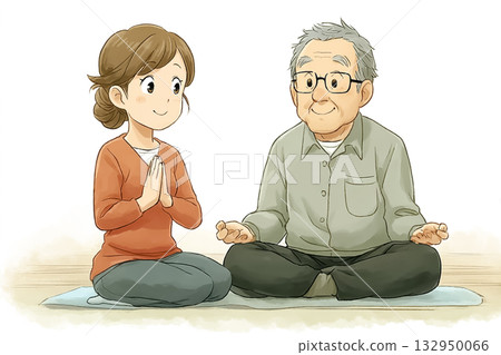 雙人瑜珈：一位女教練與一位老年男性同步呼吸 132950066