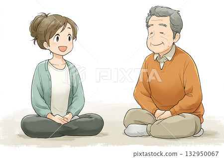 雙人瑜珈：一位女教練與一位老年男性同步呼吸 132950067