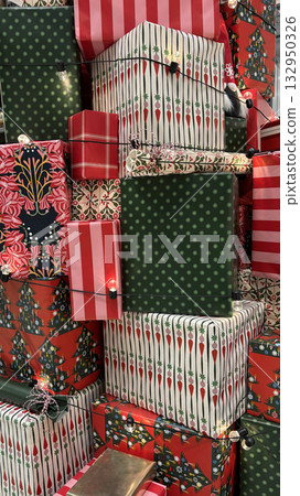 Boxes with New Year gifts, festive holiday background 132950326