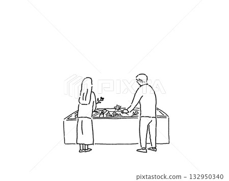 身著喪服的男女在棺材上獻花,葬禮,線條畫 身著喪服的男女在棺材上獻花,葬禮,線條畫 132950340