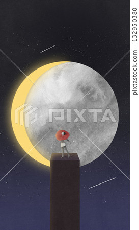 Contemporary collage. Young woman with pleated collar performing elegant dance on pillar under moonlight, against night sky backdrop. 132950380